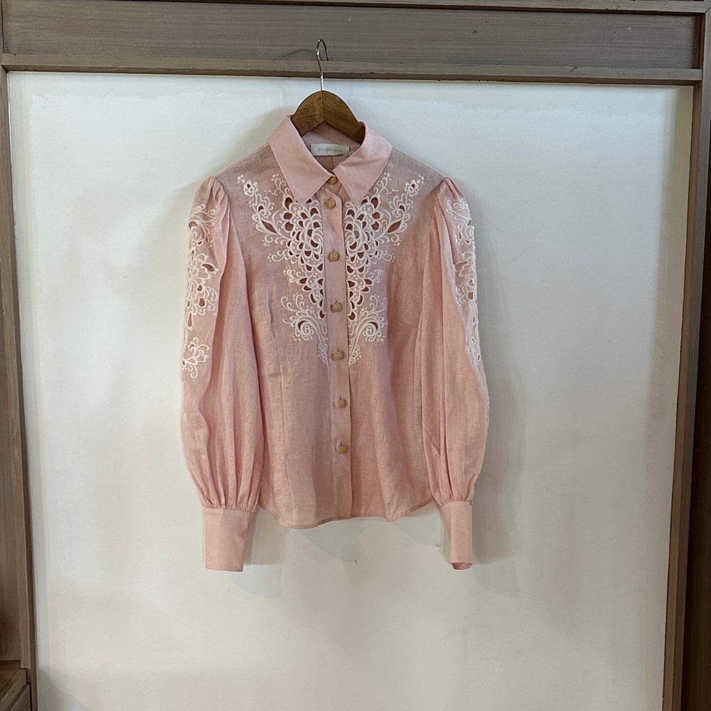 Zimmermann Pink Linen Freja Embroidered Blouse (2/M)